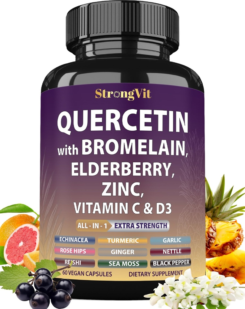 StrongVit Quercetin with Bromelain, Elderberry, Vitamin C, D3 and Zinc. Super Immune Support Supplement. Organic Complex for Men & Women, Non-GMO, Gluten-Free, Vegan, USA