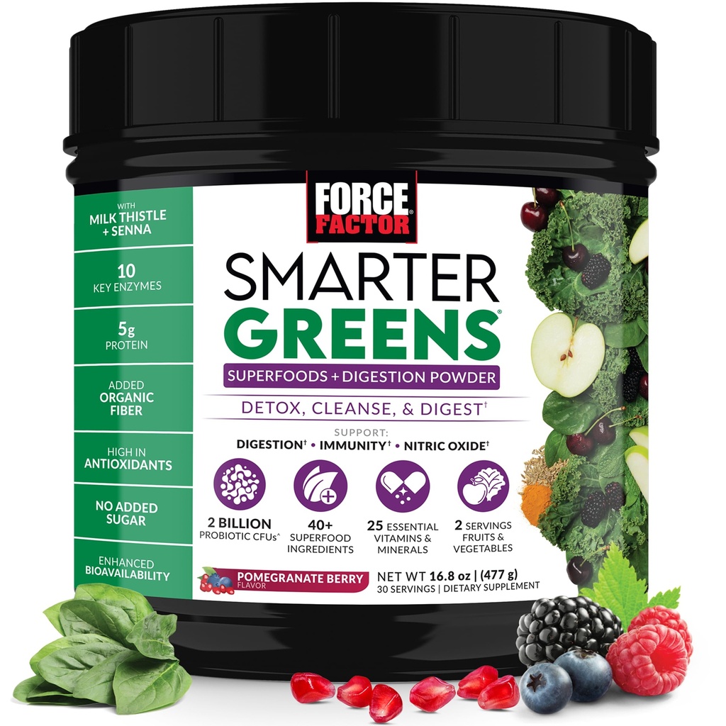 Force Factor Smarter Greens Superfoods Tozu Digestion, Gut Health, Bloating, Greens Toz Probiyotiks, Prebiyotiks, Digestive Enzymes, & Adaptogens, Pomegranate Berry, 30 Hizmet