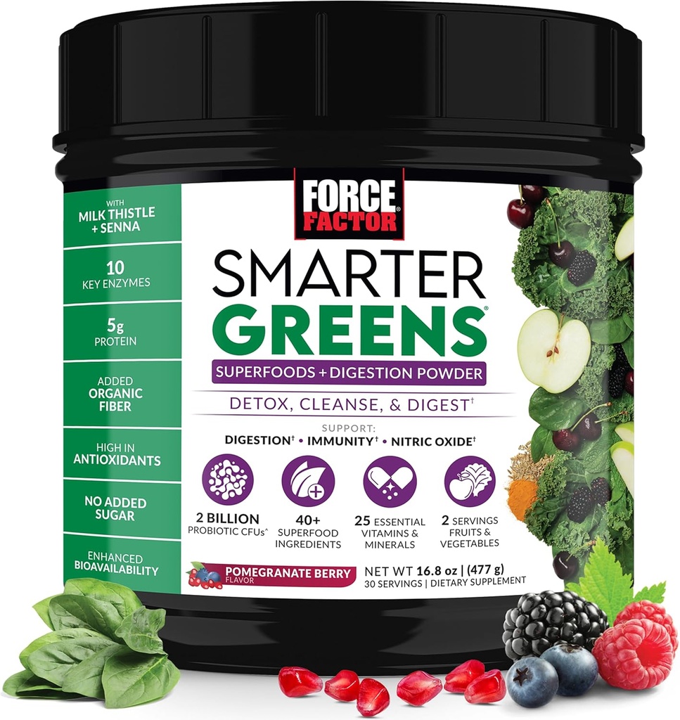 Force Factor Smarter Greens Superfoods Tozu Digestion, Gut Health, Bloating, Greens Toz Probiyotiks, Prebiyotiks, Digestive Enzymes, & Adaptogens, Pomegranate Berry, 30 Hizmet