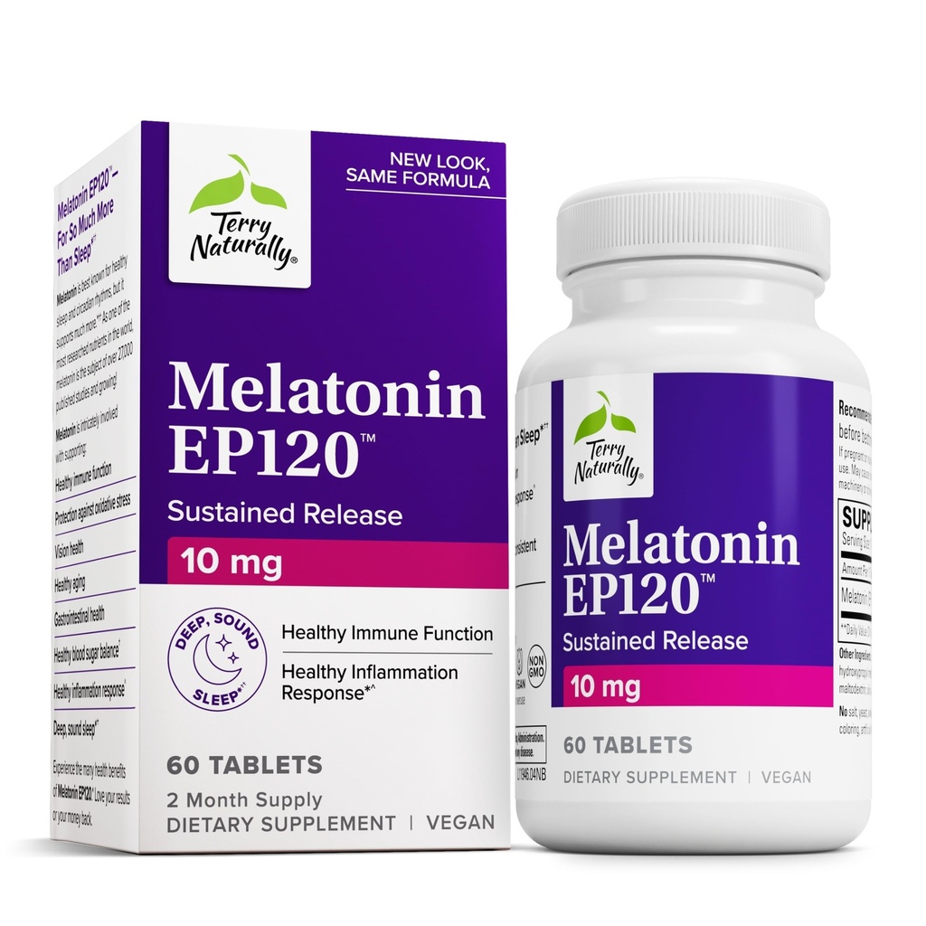 Terry Naturally Melatonin EP 120 10mg - Sleep Support Supplement with Antioxidants - Gluten-Free Supplement for Healthy Sleep - Dietary Supplement to Aid Healthy Aging & Immune Health - 60 Tablets
