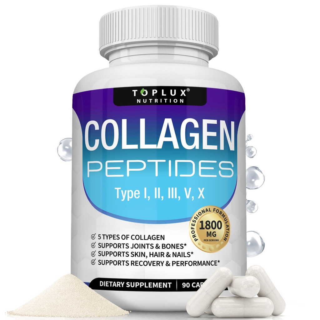 Toplux Multi Collagen Peptides Pills 1800 Mg Complex - Type I, II, III, V, X Premium Collagen Complex for Better Skin & Hair, Strong Joint, Hydrolyzed Protein, for Men Women, 90 Κάψουλες, Συμπλήρωμα