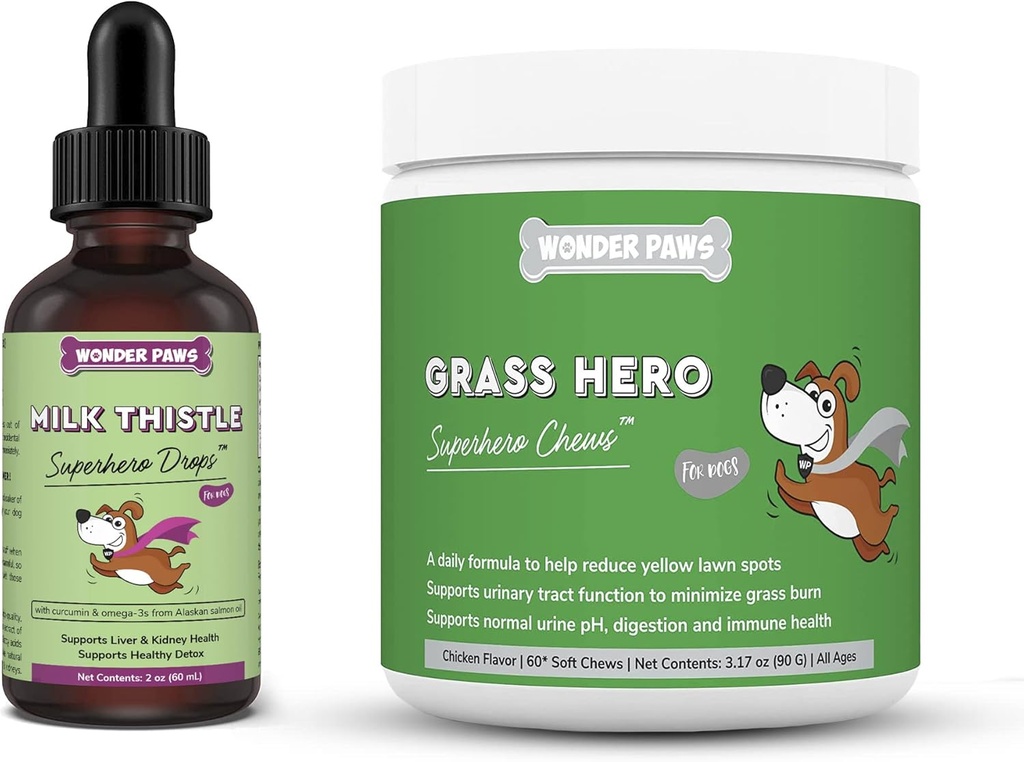 WONDER PAWS milk Thistle Drops Plus Grass Hero Soft Chews - για σκύλους ήπαρ και νεφρά Υποστήριξη, Detox & Urinary Tract Υγεία - Γαϊδουράγκαθο γάλα 2 Ουγγιά - Grass Hero 60 Μασούρια