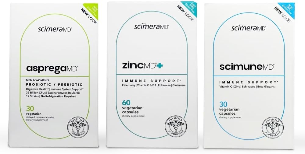 ScimeraMD® AspregaMD 30CT Probiyotik + Prebiyotik, ScimeraMD® ScimuneMD 30CT Immune Support and ScimeraMD® çinkoMD Immune Support Supplement for Digestive Health and Immune System Support
