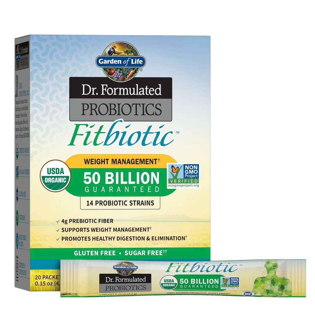 Garden of Life Dr. Fitbiotic Probiotics Fitbiotic Weight Management Powder, 50 Billion CFU & Prebiotic Fiber, Organic & Non-GMO Digestive Gut Health Probiotic Supplement, 20 Single Service Packets