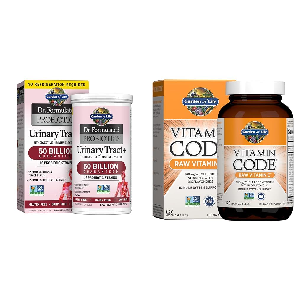Garden of Life Dr. Formulated - Acidophilus Probiotic Supports Urinary Tract Health Digestive Balance - Gluten Dairy and Soy-Free, 60 Count & Raw Vitamin Code Vitamin C, 120 Veg Capsules