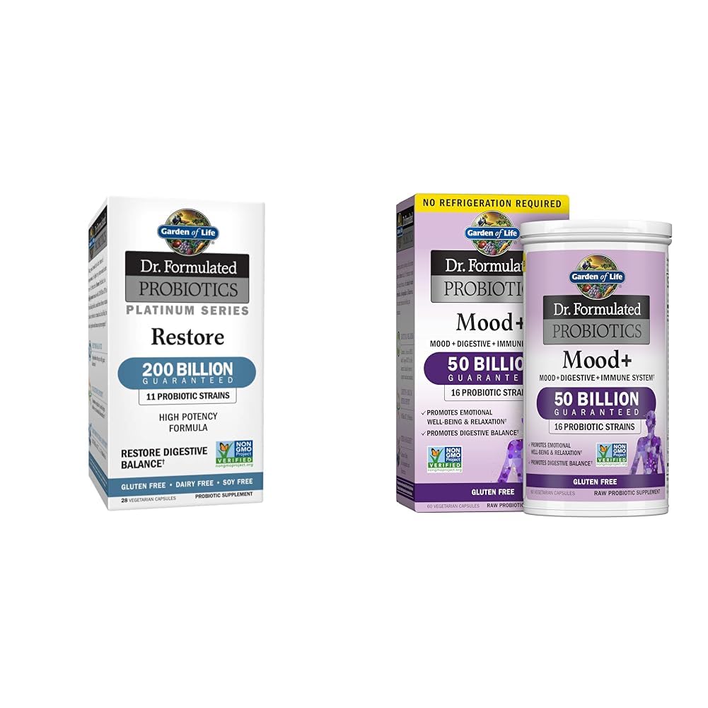 Garden of Life Dr. Formulated Probiotics Platinum Series Restore 200 Billion & Dr. Formulated Probiotics Mood+ Acidophilus Probiotic Supplement
