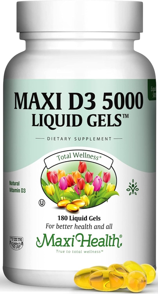 Maxi Health D3 5000 Liquid Gels - Φυσική βιταμίνη D3 - Συμπλήρωμα διατροφής - 180 κάψουλες - Kosher