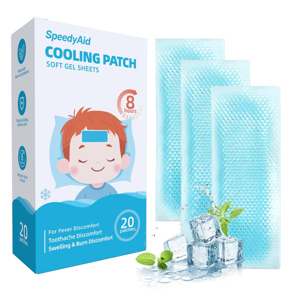 20 Sheets SpeedyAid Fever Patches for Kids & Adults - Soft Gel Cooling Pads for Fever Discomfort & Pain Relief, Soothe Headache Pain, Pack of 20