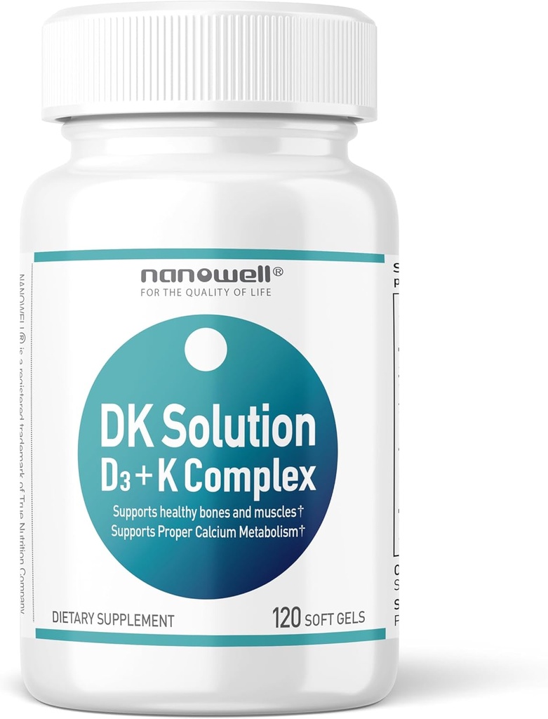 NANOWELL DK Çözüm Vitamin D3 2000 IU (50 mcg) + K Kompleksi - Bone, Muscle ve Immune Health Support - 120 Softgels, 120 Day Supply