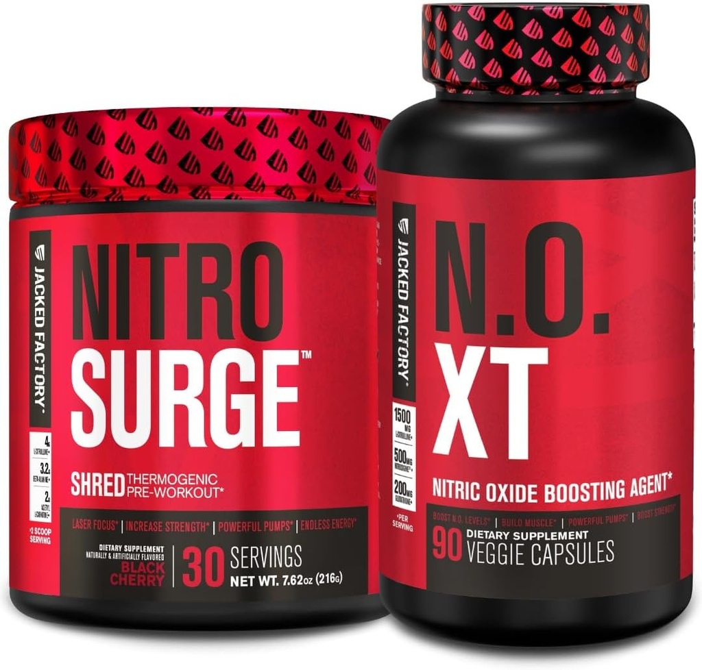 Jacked Factory Nitrosurge Shred Thermogenic Pre-Workout in Black Cherry & N.O. XT Nitric Oxide Booster for Men & Women