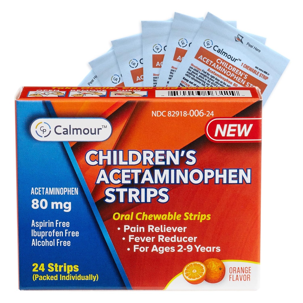 Children's Acetaminophen 24 Strips | Pain Reliever & Fever Reducer | Fast-Acting Support for Cold & Flu Symptoms | Oral Chewable Strips for Kids Ages 2-9 | Travel Size, Orange Flavor