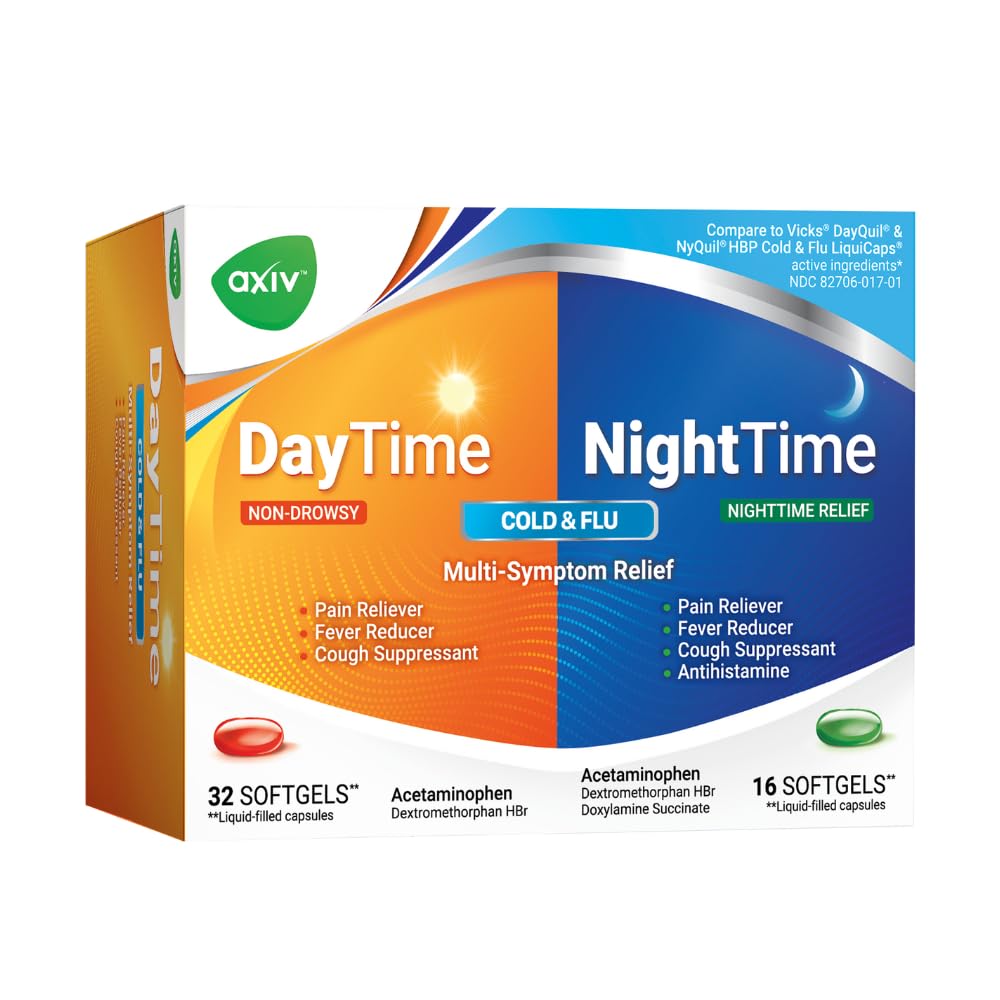 AXIV Day & Night Cold & Flu Medicine Combo Pack Softgels, Daytime & Nighttime Relief for Headache, Fever, Sore Throat, Minor Aches & Pains, & Cough, 48 Softgels
