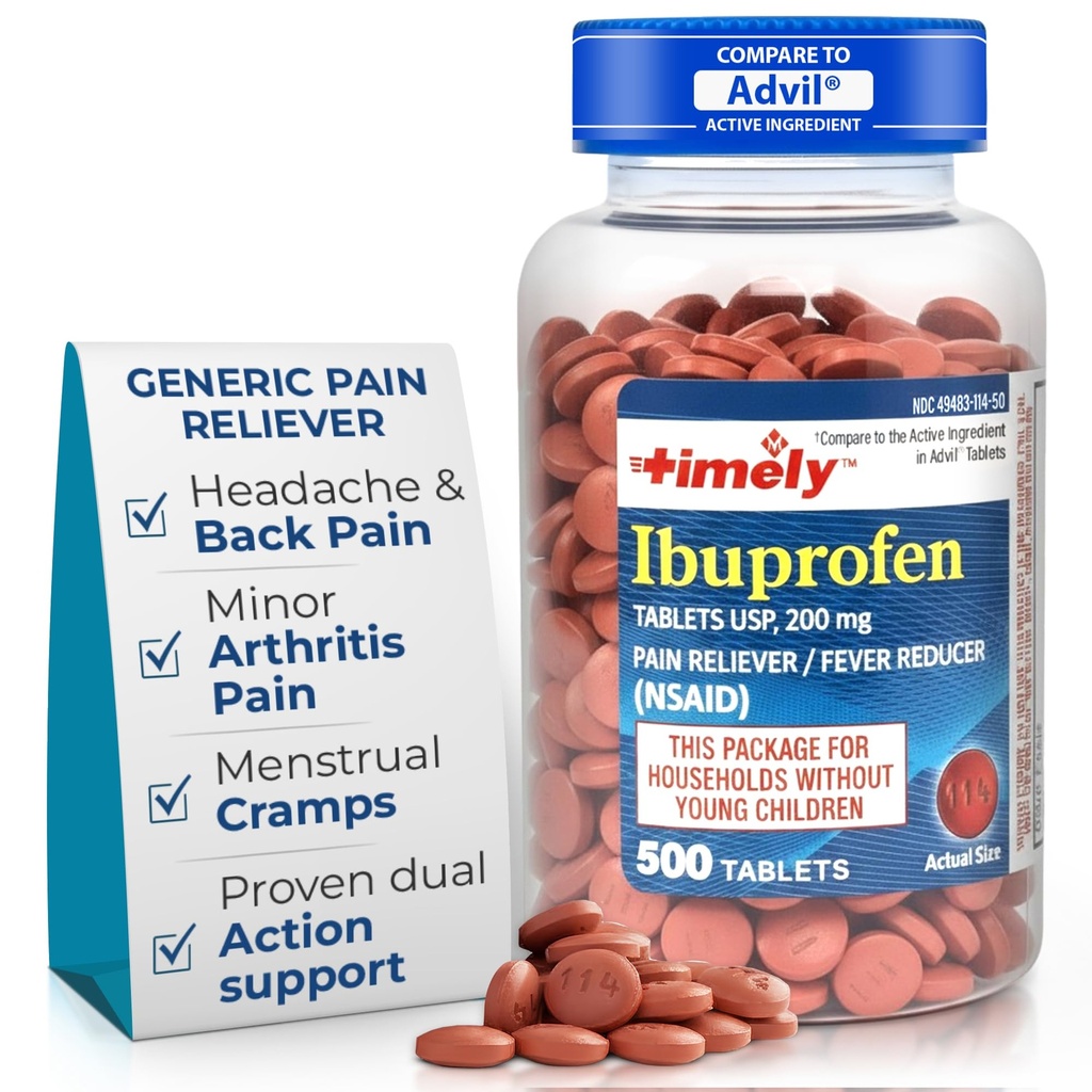 TIME-Cap Labs 500 Tablets Ibuprofen 200mg Coated - Pain Reliever & Fever Reducer (NSAID) for Adults, Helps with Headache, Back Pain, Muscle Aches, Toothaches, Menstrual Cramps & Minor Arthritis Pain