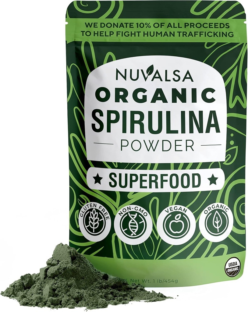 Nuvalsa Organik Spirulina Toz 1lb – Blue Green Algae Non GMO'dan Smoothie & Protein İçgörü, Vegan & USDA Sertifikalı Organik - 100 Hizmet