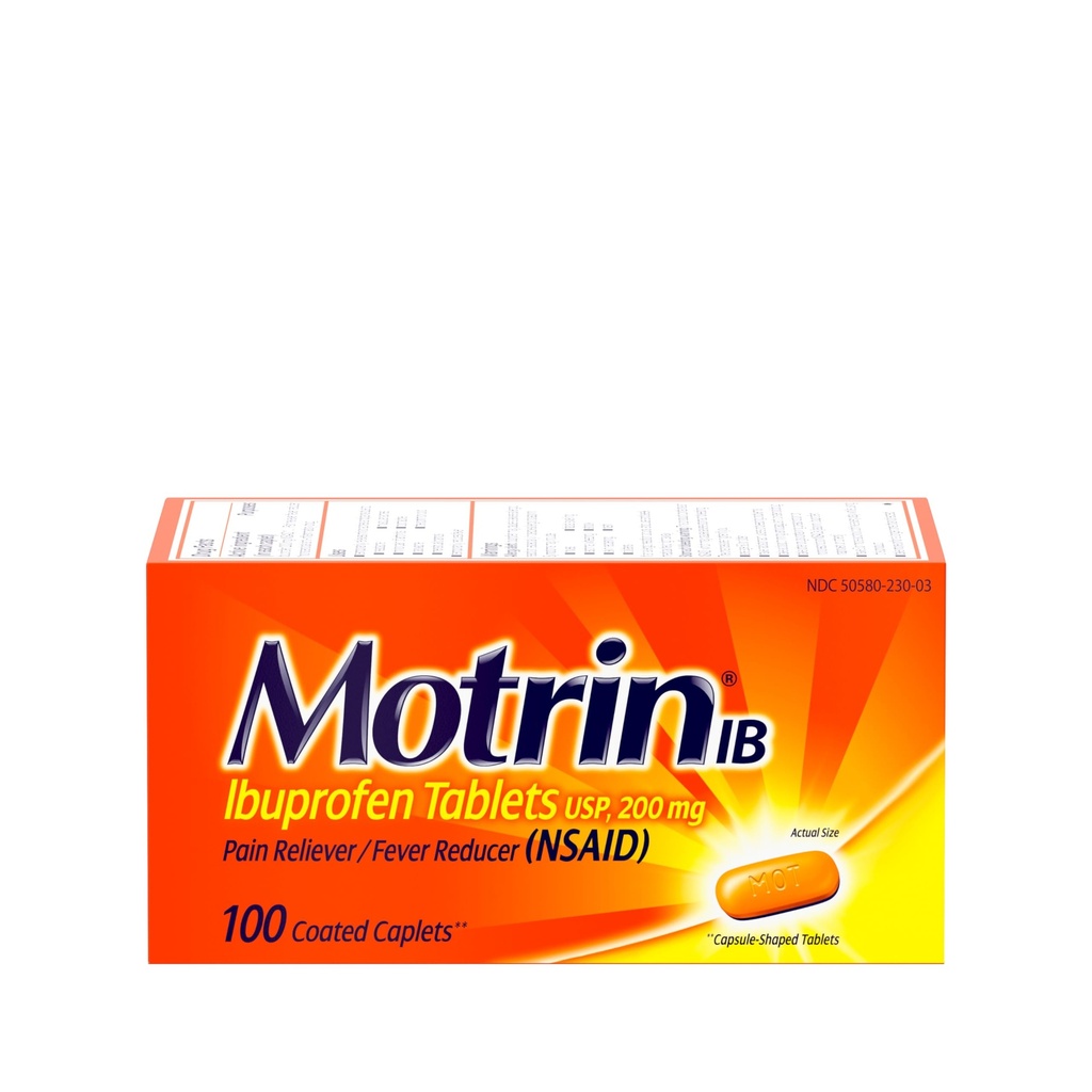 Motrin IB Ibuprofen 200mg Tablets, NSAID Pain Reliever & Fever Reducer for Headache, Backache, Muscle Pain, Menstrual Cramps & Toothache, 100 Tablets