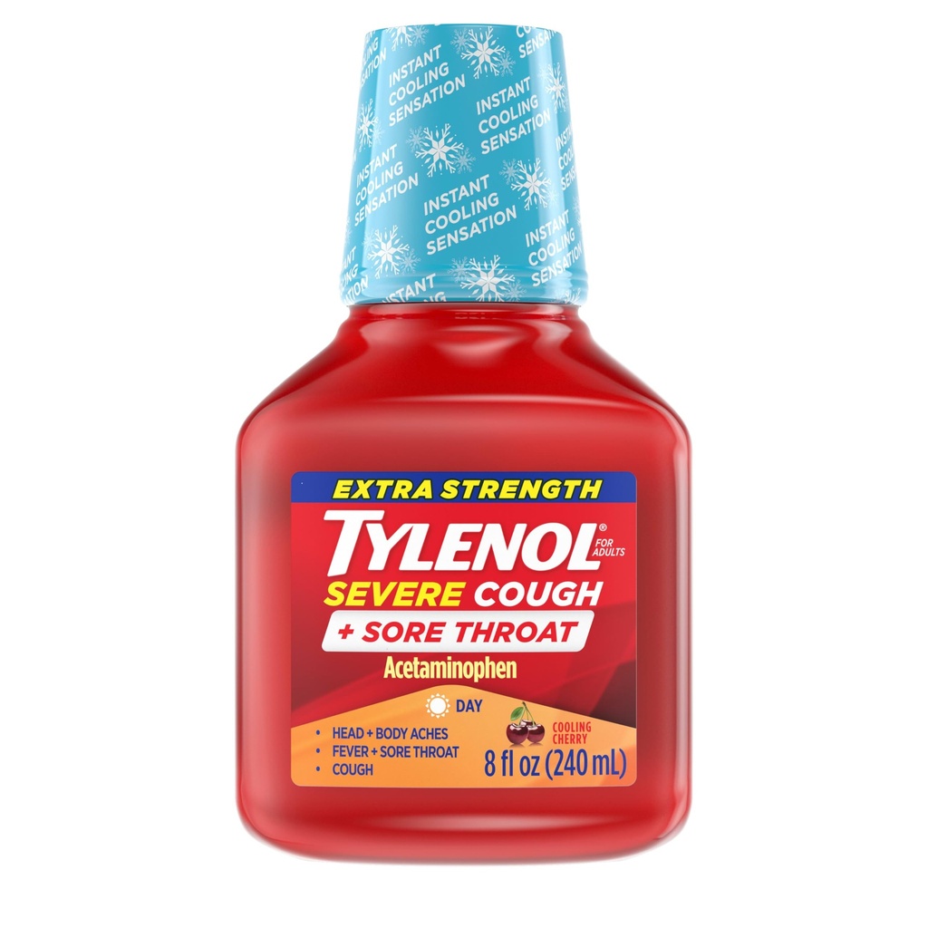 Tylenol Extra Strength Severe Cough + Sore Throat Daytime, Multi Symptom Cold Relief Liquid, Acetaminophen Pain Reliever & Dextromethorphan HBr Cough Suppressant, Cooling Cherry, 8 fl. oz