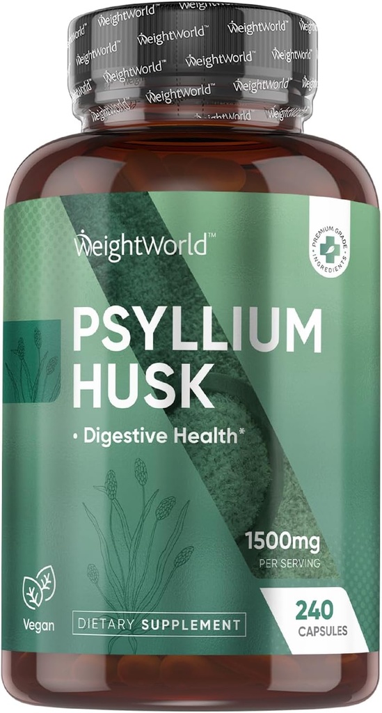 KiloWorld Psyllium Husk Capsules 1500 mg Per Servisi, 240 Vegan Capsules - 4 Ay Supply - Digestive Health - Daily Psyllium Husk Fiber Supplement - Non-GMO, GMP-Approved, & Allergen-Free