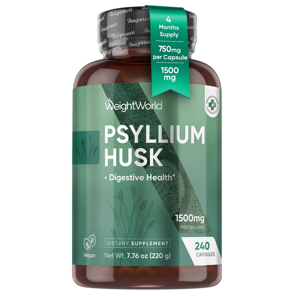WeightWorld Psyllium Husk Capsules 1500mg - 4 Months Supply - Fiber Supplement for Digestive Health - 240 Vegan Psyllium Husk Powder Capsules - Non-GMO - Gluten-Free - 2 Capsules per Day