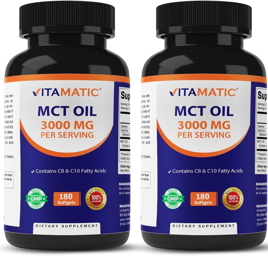 Vitamatic 2 Packs MCT Oil Capsules 3000 mg per Service - 180 Softgels - Coconut Oil -% 55 caprylic Asit C8 ve% 40 capric Asit C10 (Top 360 Softgel)