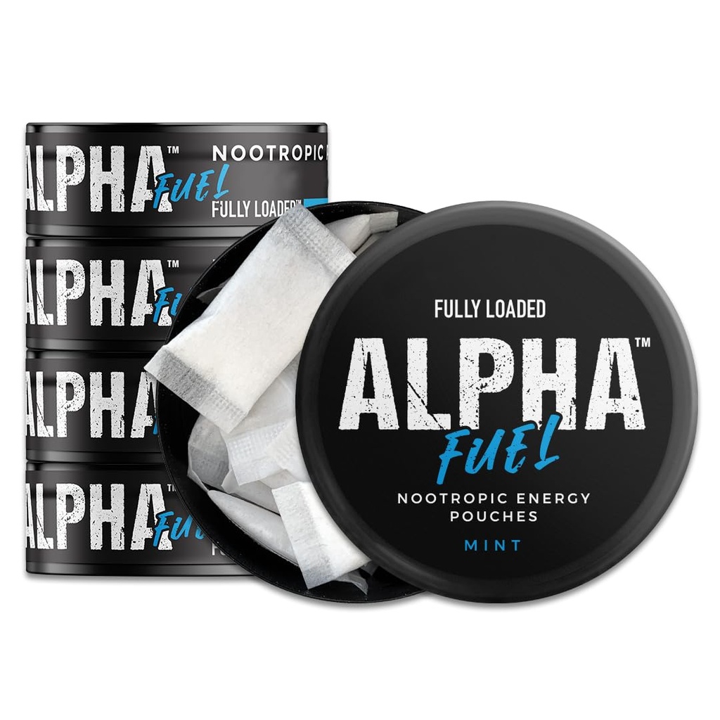 Πλήρως φορτωμένο Alpha Fuel Nootropic Pouches (Mint Fuel) - 5 Cans, 15 Pouches per can - Nootropic Energy Pouches with Caffeine, Alpha GPC, Tyrosine, Taurine, Guarana και More.