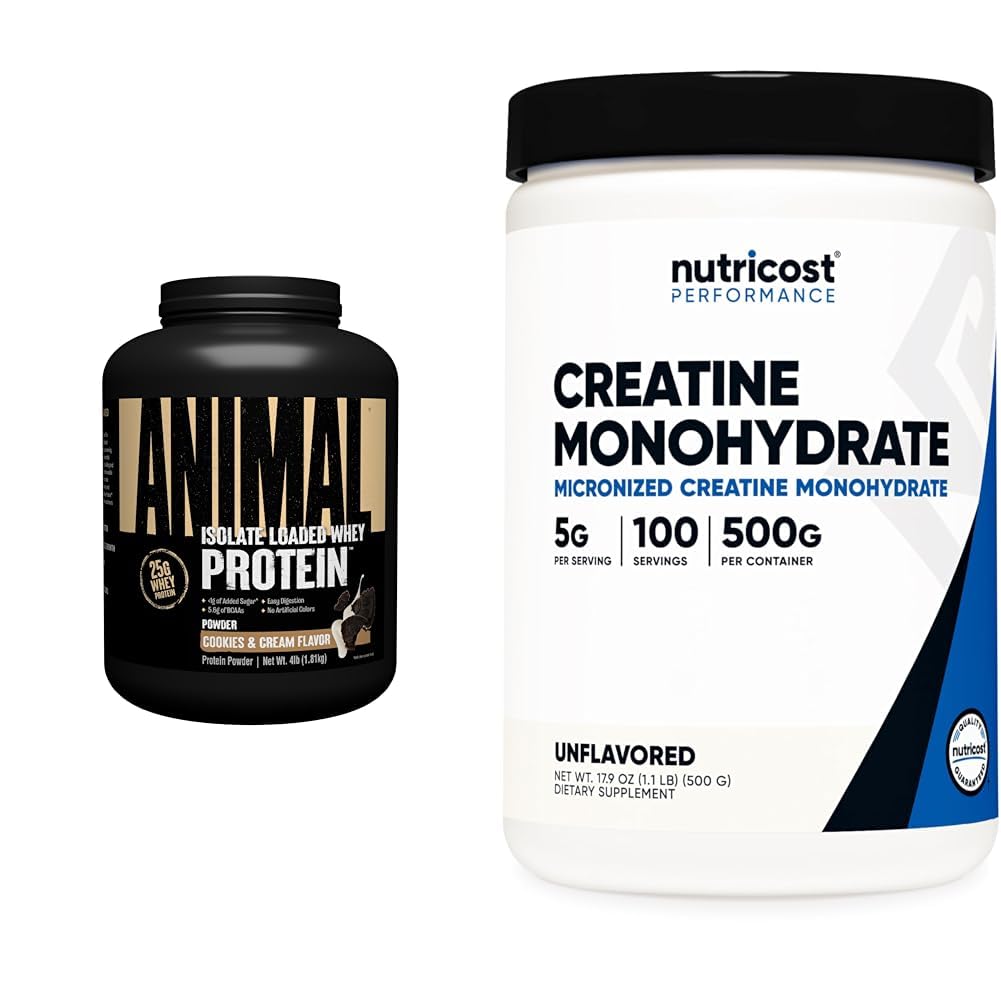 Animal Whey Isolate Protein Powder Cookies & Cream 4 lbs Bundle with Nutricost Creatine Monohydrate Micronized Powder 500G, 5000mg Per Serv