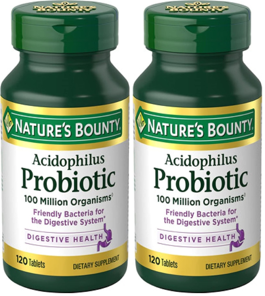 Nature's Bounty Lactobacillus Acidofilius Probiyotik Supplement - Daily Probiyotik for Women/Men Digestive Health,100 Milyon Organizm,Vegetarian,1 Günde hizmet ediyor,120 Tabletler,(Pack of 2)