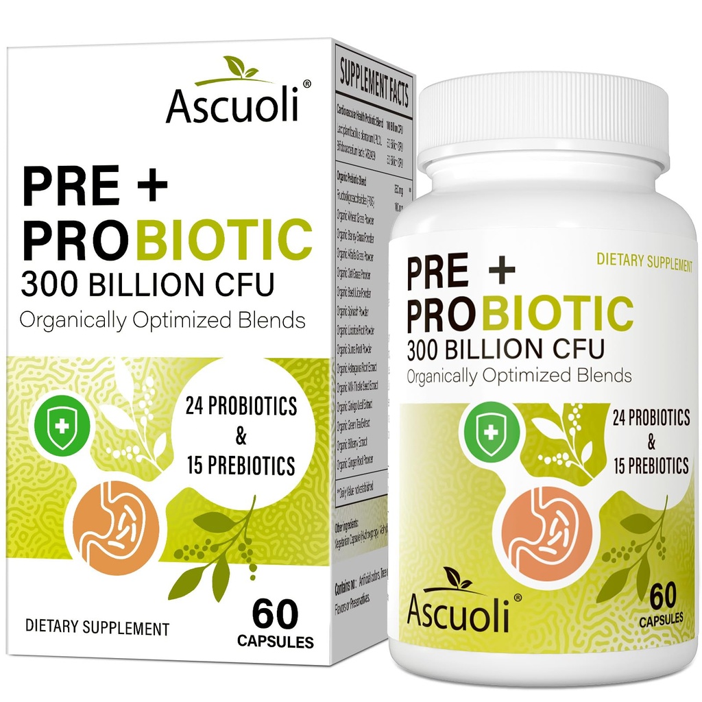 Ascuoli Probiotics for Women & Men - 300 Billion CFU, 24 Strains Probiotics + 15 Organic Herbs Blend, Daily Probiotic for Digestive Health, Immune, Gut, Bloating - 60 Capsule