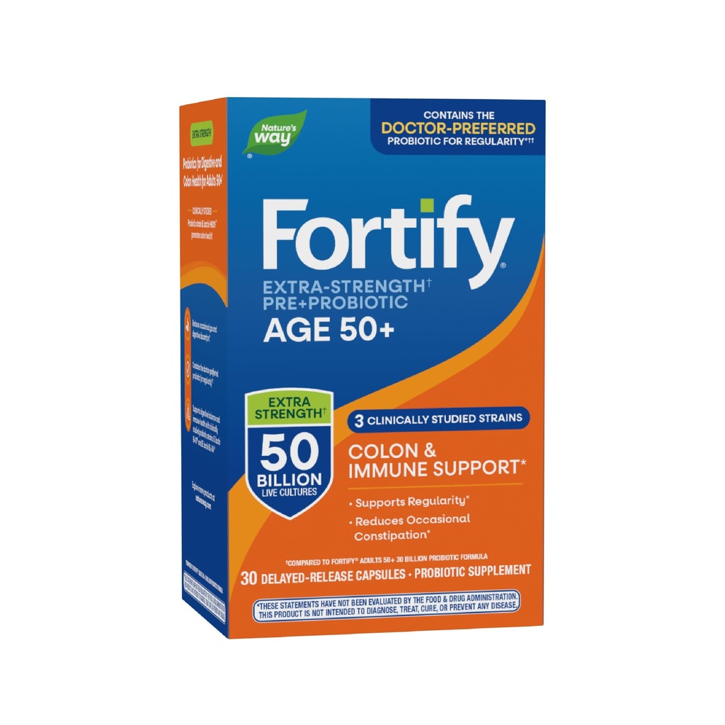 Nature's Way Fortify Extra Strength (1) Probiyotik Yetişkinler 50+, 50 Milyar Canlı Kültürler, Prebiyotikler, Digestive Health *, Immune Support*, Colon Health*, 30 Capsules
