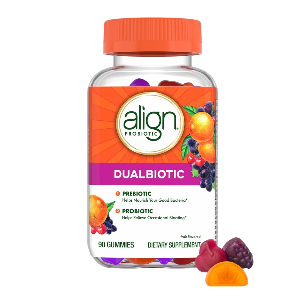 Align Dualbiotic, Prebiotics and Probiotics for Women and Men, Probiotics for Digestive Health, Prebiotics Help Nourish Good Bacteria, Natural Fruit Flavors, 90 Probiotic Gummies (Packaging May Vary)