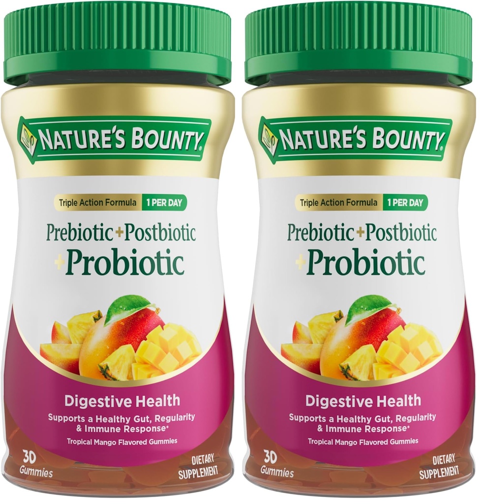 Nature’s Bounty Pre + Pro + Postbiotic Gummies for Digestive Health, Immune Support - Probiotic Gummies for Gut Health, Tropical Mango Flavor, 30 Ct (Pack of 2)