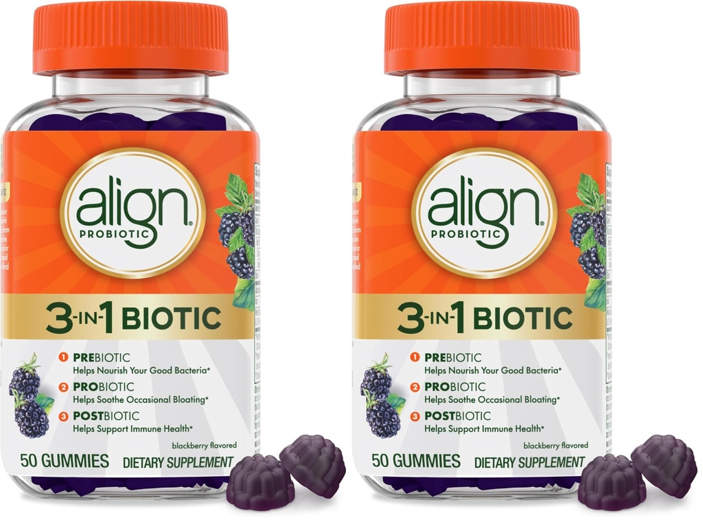Align Probiotic,3-in-1 Biotic Gummies,Pre + Pro + Postbiotic,#1 Doctor Recommended-Probiotic Brand‡,Helps Relieve Occasional Bloating*,BlackBerry Flavor,50 Gummies,(Pack of 2)