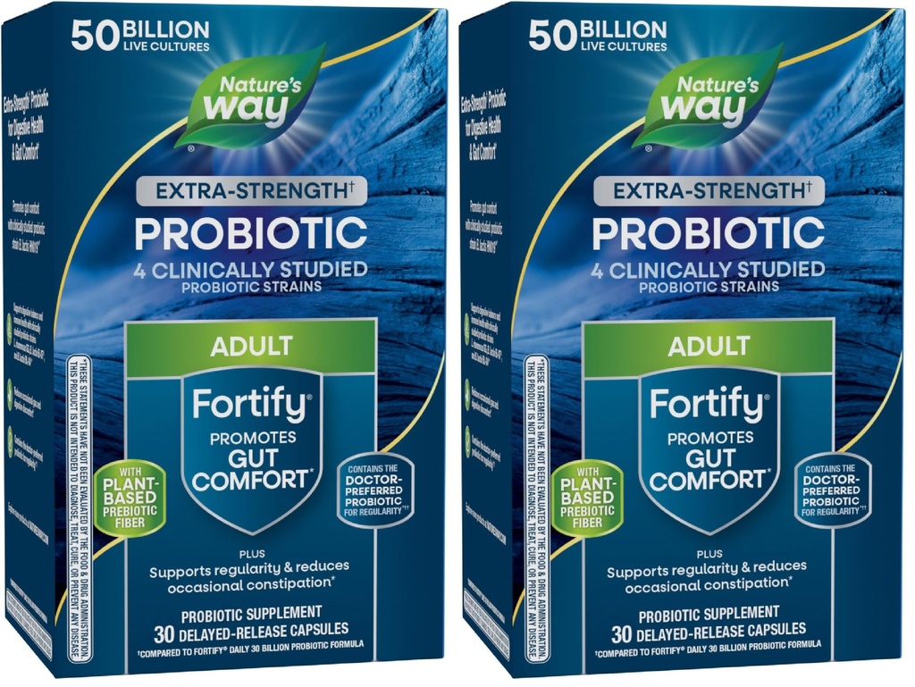 Nature's Way Extra Strength (1) Fortify Probiyotik,Probiyotikler for Digestive Health,Prebiyotikler,50 Milyar Canlı Kültürler,Digestive & Immune Health Support*,30 Capsules,(Pack of 2)