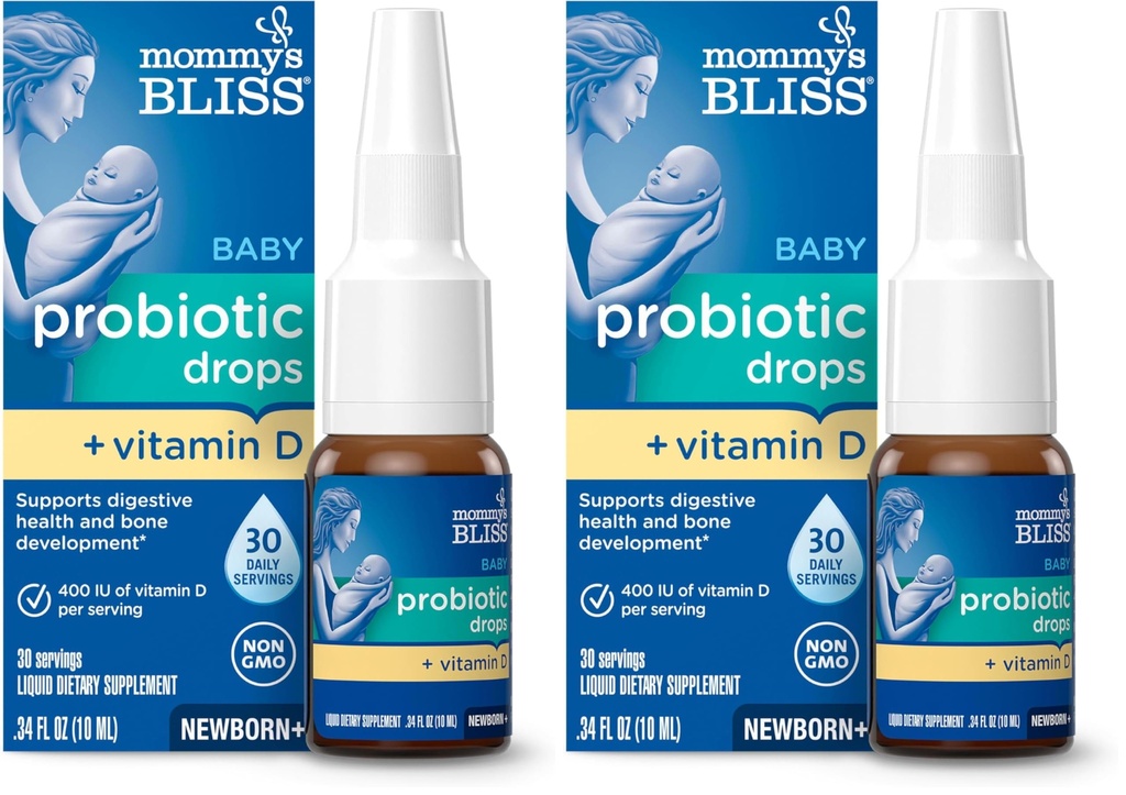 Mommy's Bliss Baby Probiotics + Vitamin D Drops,Supports Digestive Health & Immune Function*,400IU Vitamin D,Supports Bone Development*,Newborns+,Flavorless,0.34 Fl Oz (30 Servings),(Pack of 2)