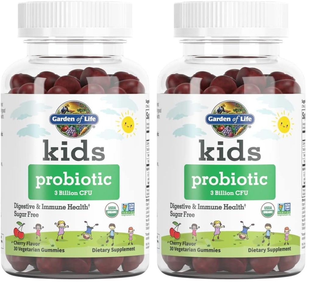 Garden of Life Kids Probiotic 3 Billion CFU, Cherry Flavor Gummies - Sugar Free Once Daily Probiotics for Kids, Children's Digestive & Immune Health, 30 Vegetarian Gummies, (Pack of 2)