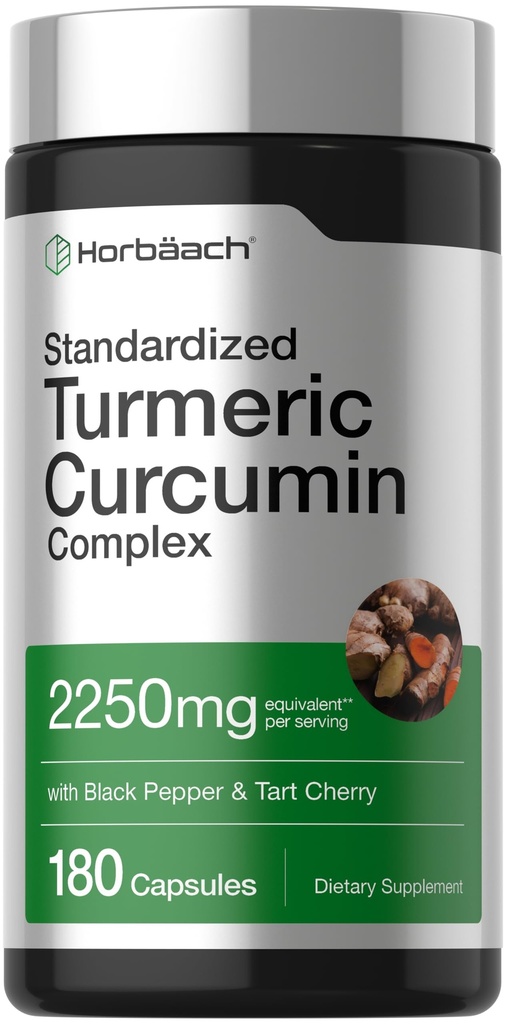 Horbäach Turmeric Curcumin Supplement | 180 Capsules | with Black Pepper & Tart Cherry | Non-GMO & Gluten Free