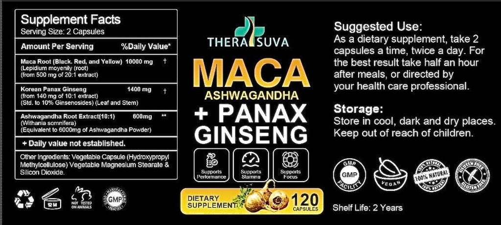 1 Ashwagandha + Maca Root + Panax BTC - Enerji için Doğal Supplement, Stamina ve Stres Desteği, 120 Softgels