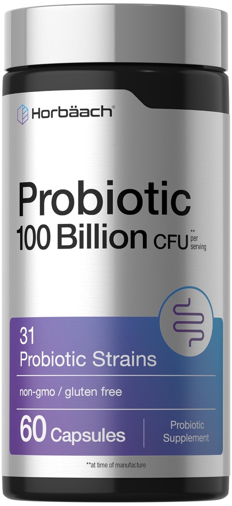 Horbäach Probiotic 100 Billion CFU | 60 Capsules | 31 Probiotic Strains | with Prebiotic Fiber | Vegan, Non GMO, Gluten Free Supplement