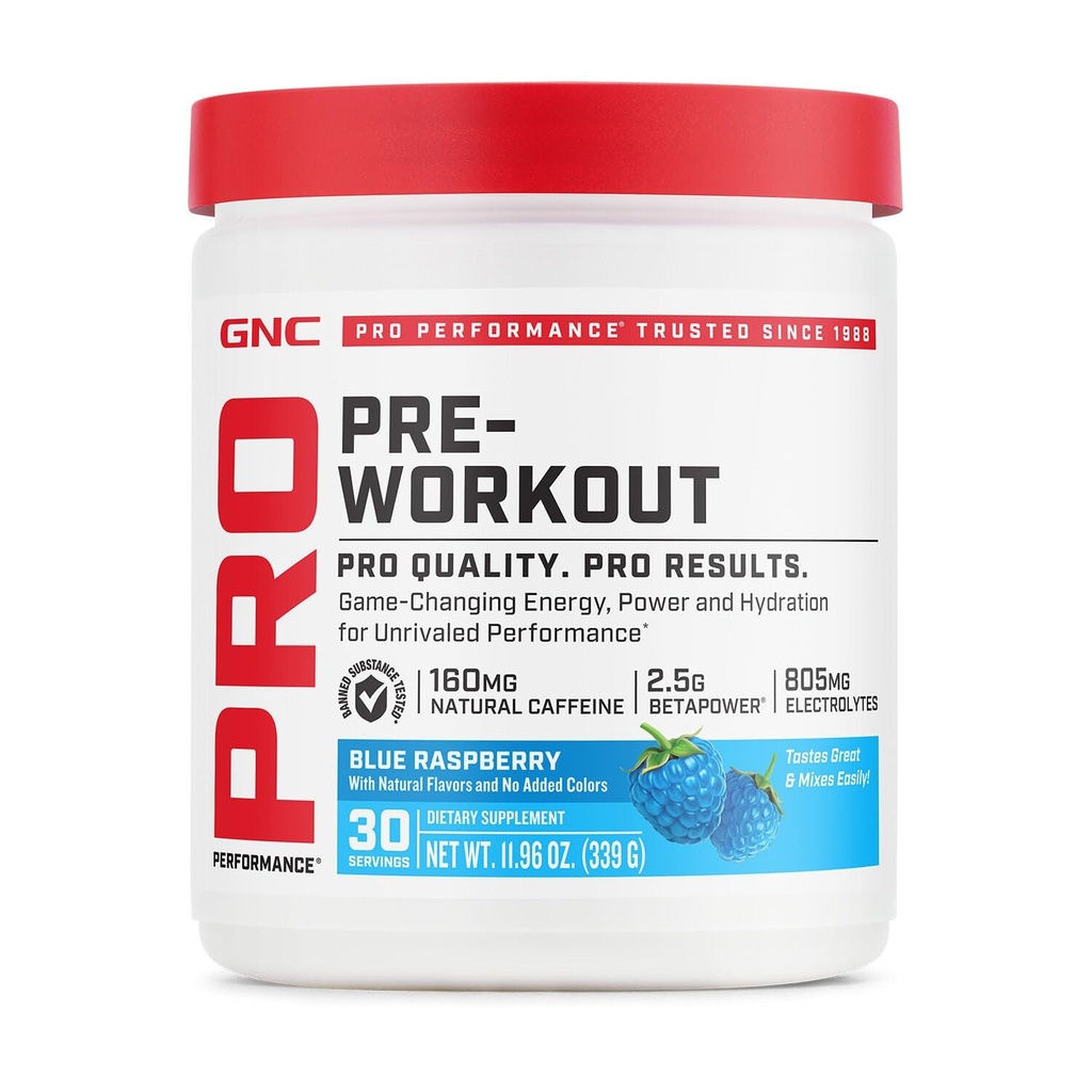 GNC Pro Performance Pre Workout Powder for Men and Women, Energy, Hydration, and Focus, Sugar Free, Gluten Free, Performance Supplement, Blue Raspberry, 30 Servings