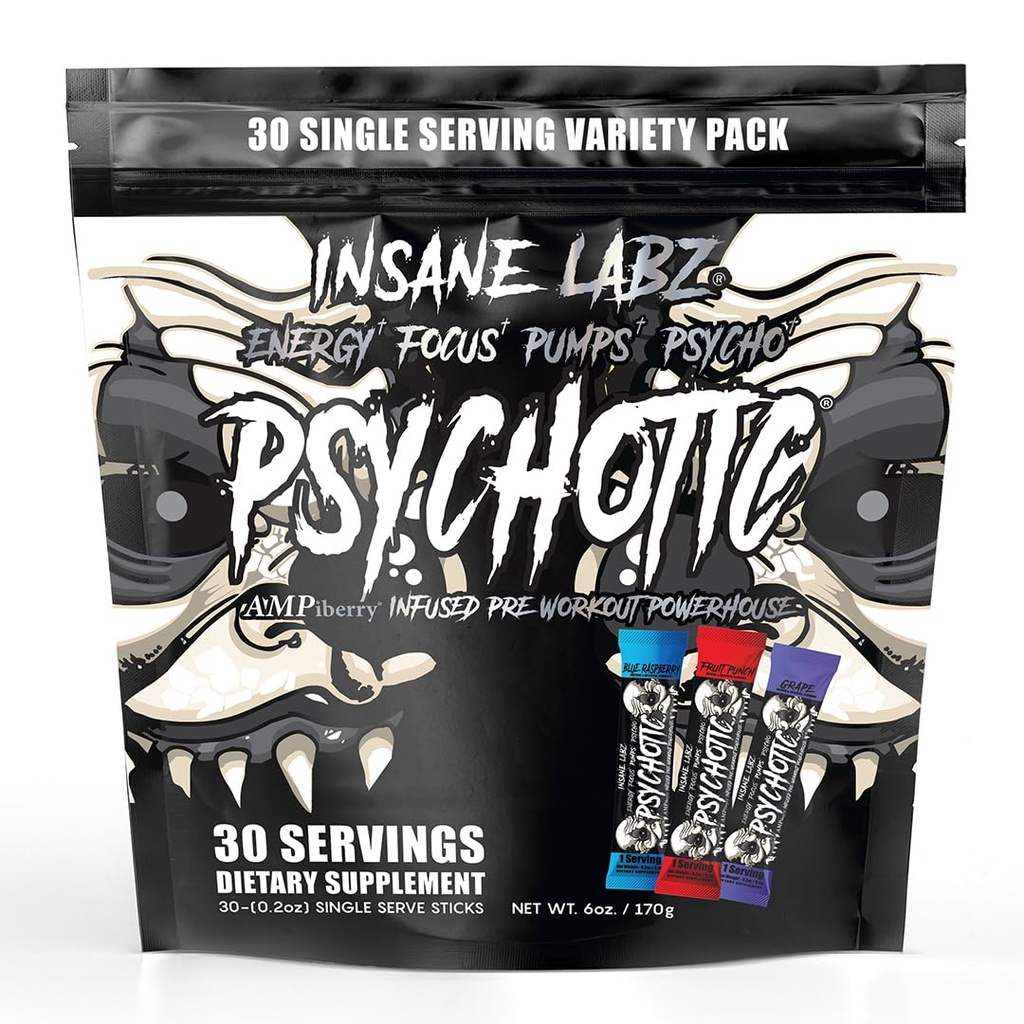 Insane Labz Psychotic Black Edition Mid Stimulant Pre Workout Powder, Energy Focus Pumps, Loaded with Creatine Beta Alanine Taurine Fueled by AMPiberry, Variety 30 Servings