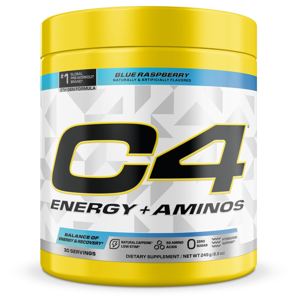 C4 Energy + Aminos Powder, 5g BCAAs & EAAs for Muscle Recovery, 3 Electrolytes for Hydration, 100mg Natural Caffeine, Pre Workout, Zero Sugar, 30 Servings, Blue Raspberry
