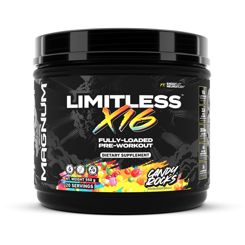 LIMITLESS Magnum Nutraceuticals x16 Fully Loaded Preworkout – 20/40 Servings, Classic Candy Flavor, High-Energy, Focus, Strength & Endurance for Maximum Performance