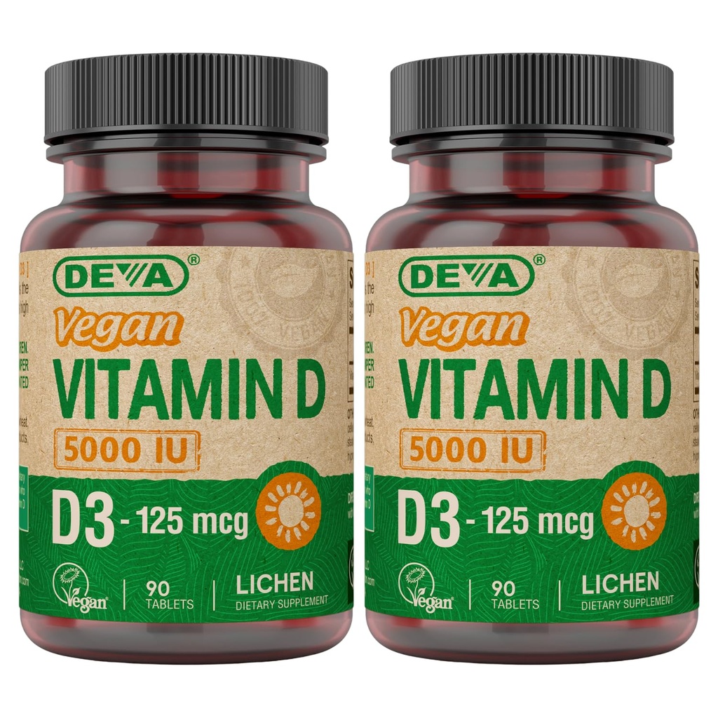 DEVA Βιταμίνη D3 5000 IU, Συμπλήρωμα ηλιαχτίδας, 125 mcg Vegan D3, 90-Count φιάλη (πακέτο του 2)