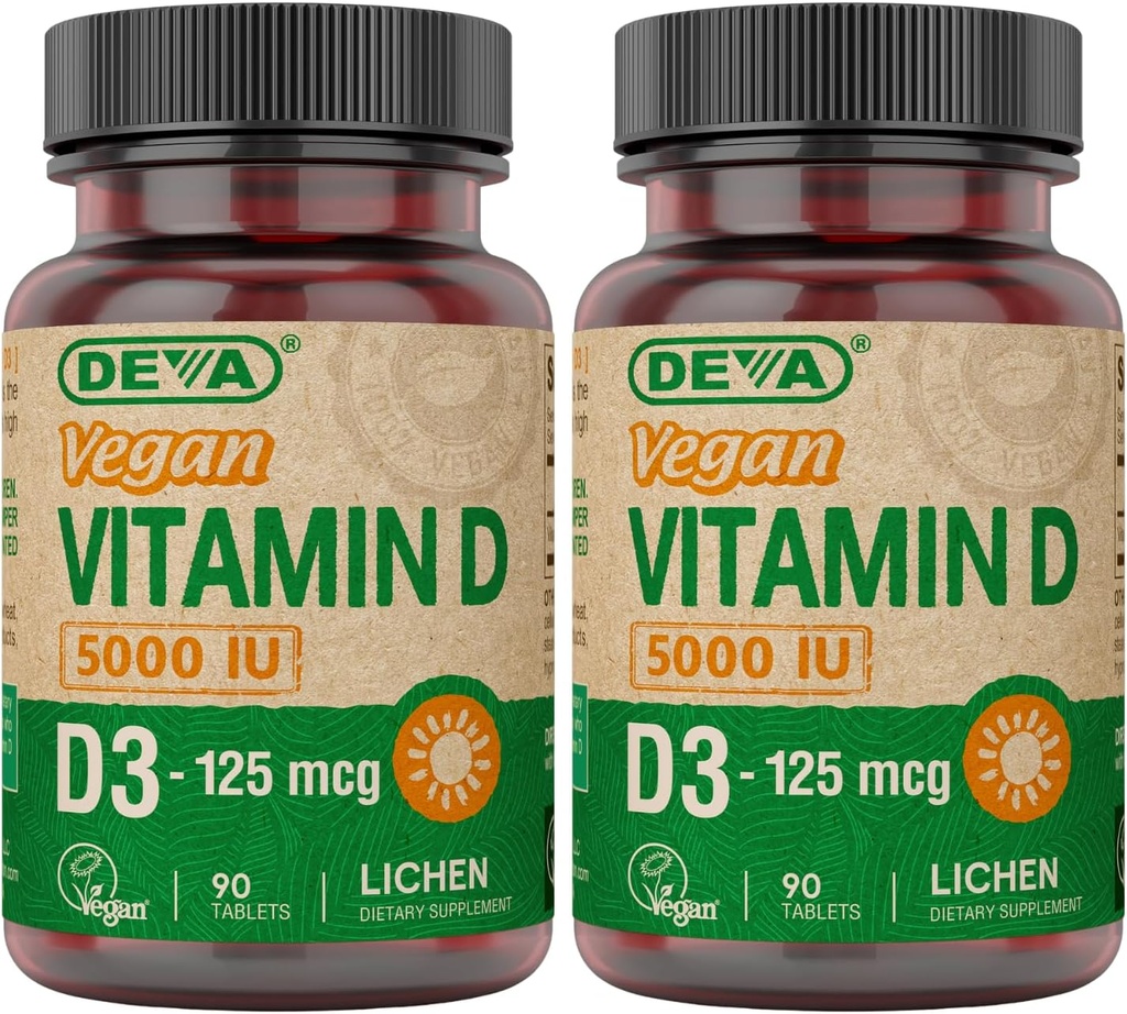DEVA Vitamin D3 5000 IU, Sunshine Supplement, 125 mcg of Vegan D3, 90-Count Şişe (Pack of 2)