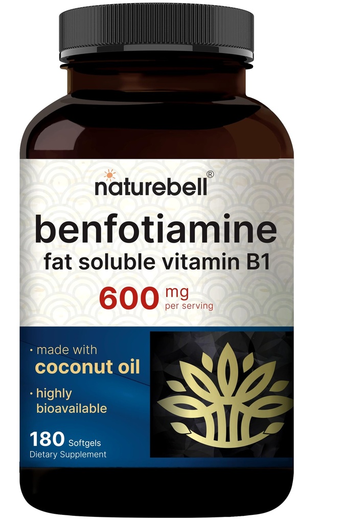 NatureBell Benfotiamine (Fat-Soluble Vitamin B1), Coconut Oil Softgels, 180 Count – 600 mg Per Serving – Non-GMO, cGMP Manufactured