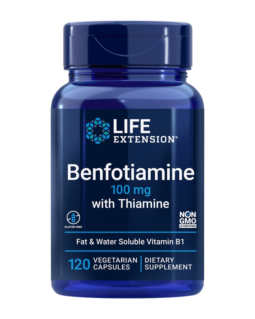 Life Extension Benfotiamine with Thiamine, Healthy Blood Sugar Metabolism Support, 100 mg benfotiamine, Cardiovascular Health, Brain Health, Non-GMO, Gluten-Free, 120 Vegetarian Capsules