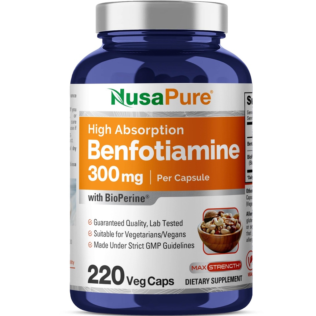 NusaPure Benfotiamine 300mg Per Veggie Caps 220 Count (Non-GMO, Vegan) Bioperine