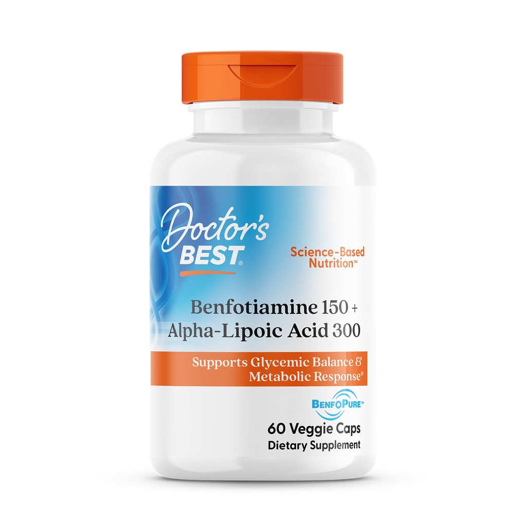 Doctor's Best Benfotiamine + Alpha Lipoic Acid (ALA) Nutritional Supplement - Support for Glycemic Balance & Metabolic Response, Benfotiamine 150 mg & Alpha-Lipoic Acid 300 mg Capsules - 60 Veg Caps