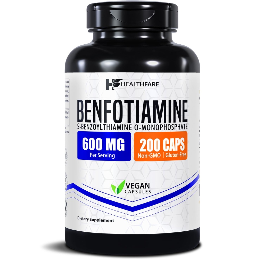 Healthfare Benfotiamine 600mg | 200 Veg Capsules | Enhanced Absorption | Supports Overall Health | Increased Bioavailability