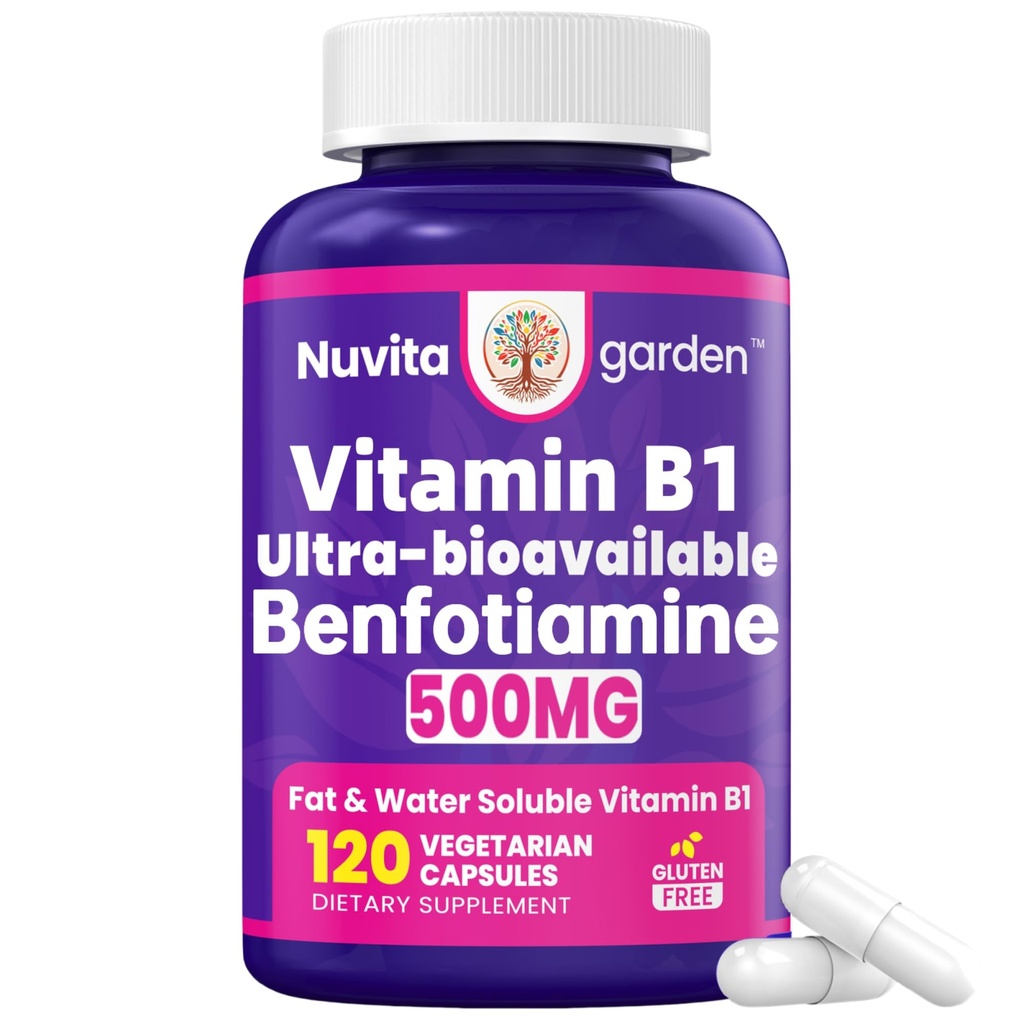 Benfotiamine 500mg + 20mg Vitamin B1, 120 Veggie Capsules, High Potency Fat Soluble Essential Vitamin B1 Thiamine Supplement, Supports Overall Health, Non-GMO, Gluten Free