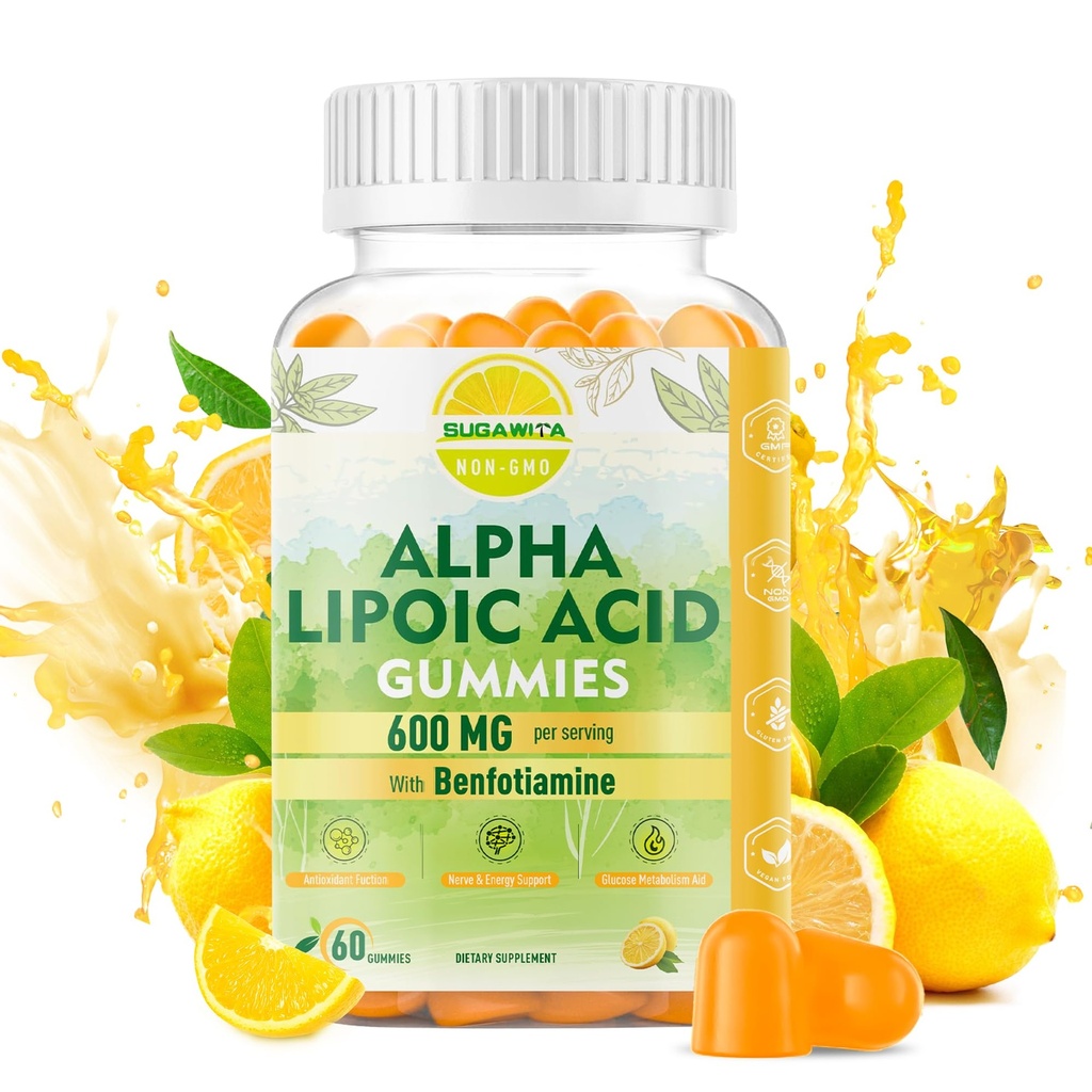Pure R-Alpha Lipoic Acid 600mg with Benfotiamine for Nerve Support, Antioxidant Support, ALA Supplement Alpha Lipoic Acid Gummies - Vegan, Sugar-Free, 60 Counts